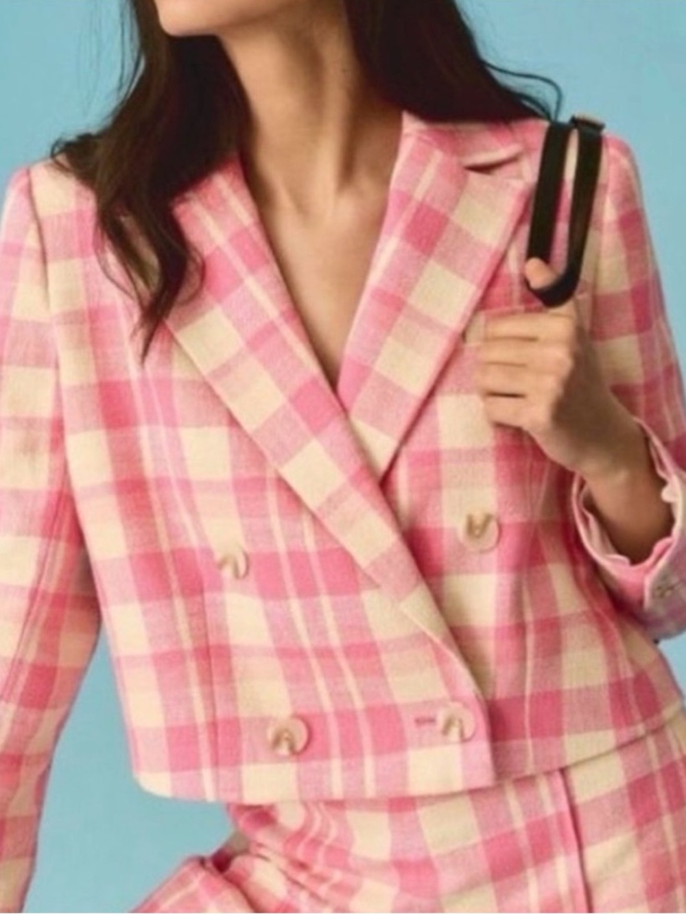 Anthropologie Maeve Pink Cropped Gingham Double Breasted Blazer